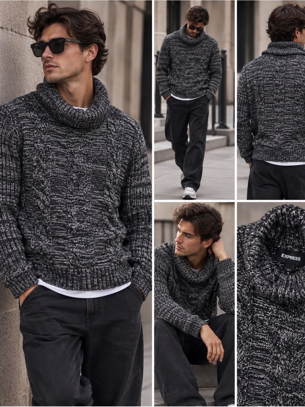 Express Charcoal Gray Marled Cable Knit Cowl Neck Sweater Sz M